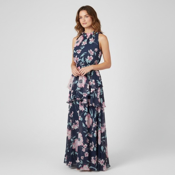 Eliza J Dresses & Skirts - Eliza J Maxi Dress Blue Pink Floral Chiffon Tiered Sleeveless Spring PartySz 12